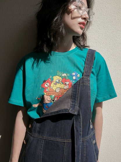 Hello Canon Original Bear Print Short Sleeve T-Shirt Women's Summer 2024 New Loose Round Neck Casual T-shirt Top