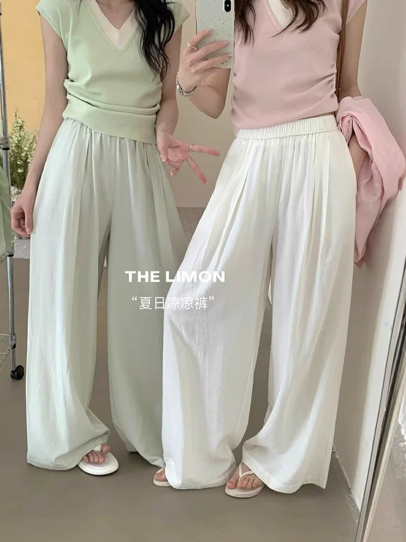 thelimon lemon green tea 2025 summer drape elastic waist loose casual pants women's wide-leg mopping