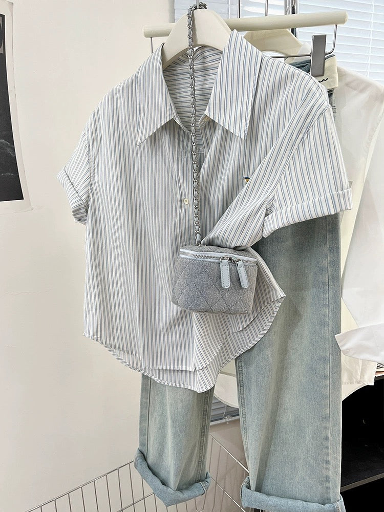Striped embroidered right shoulder short-sleeved shirt for women summer 2024 new design niche shirt casual loose top