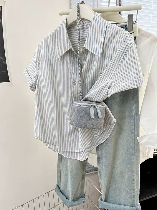 Striped embroidered right shoulder short-sleeved shirt for women summer 2024 new design niche shirt casual loose top