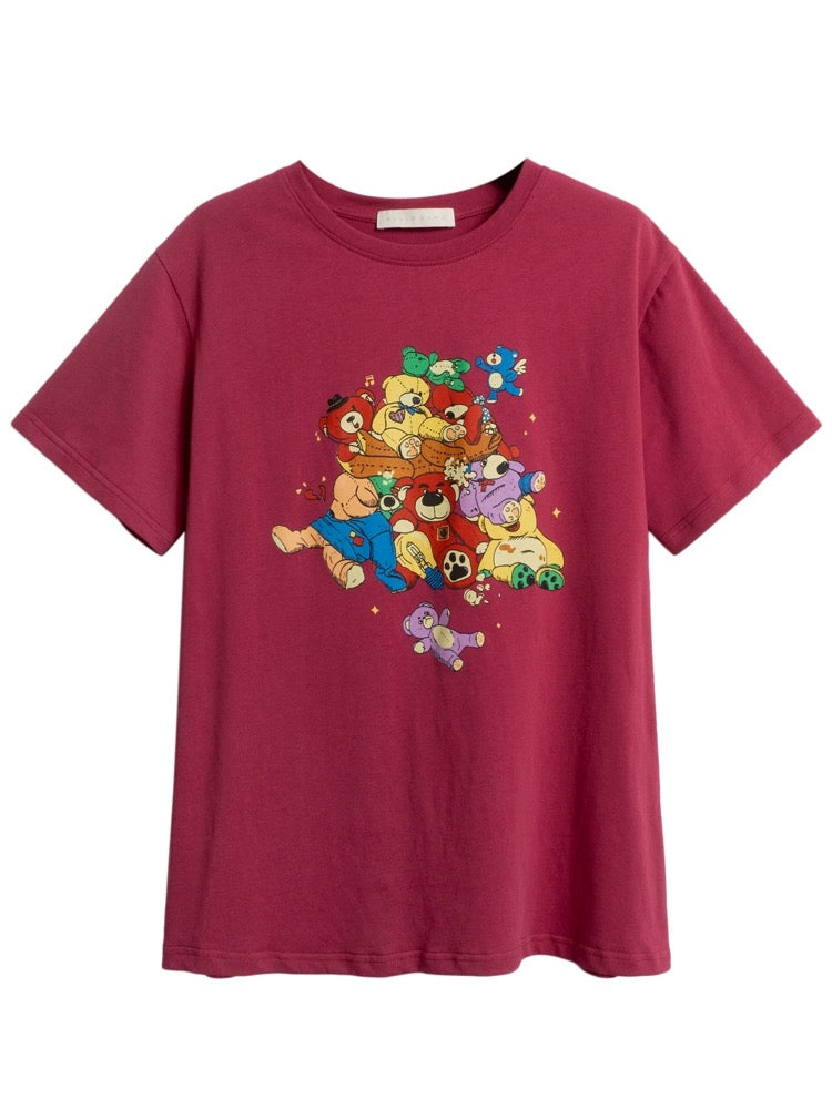 Hello Canon Original Bear Print Short Sleeve T-Shirt Women's Summer 2024 New Loose Round Neck Casual T-shirt Top