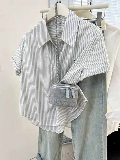 Striped embroidered right shoulder short-sleeved shirt for women summer 2024 new design niche shirt casual loose top