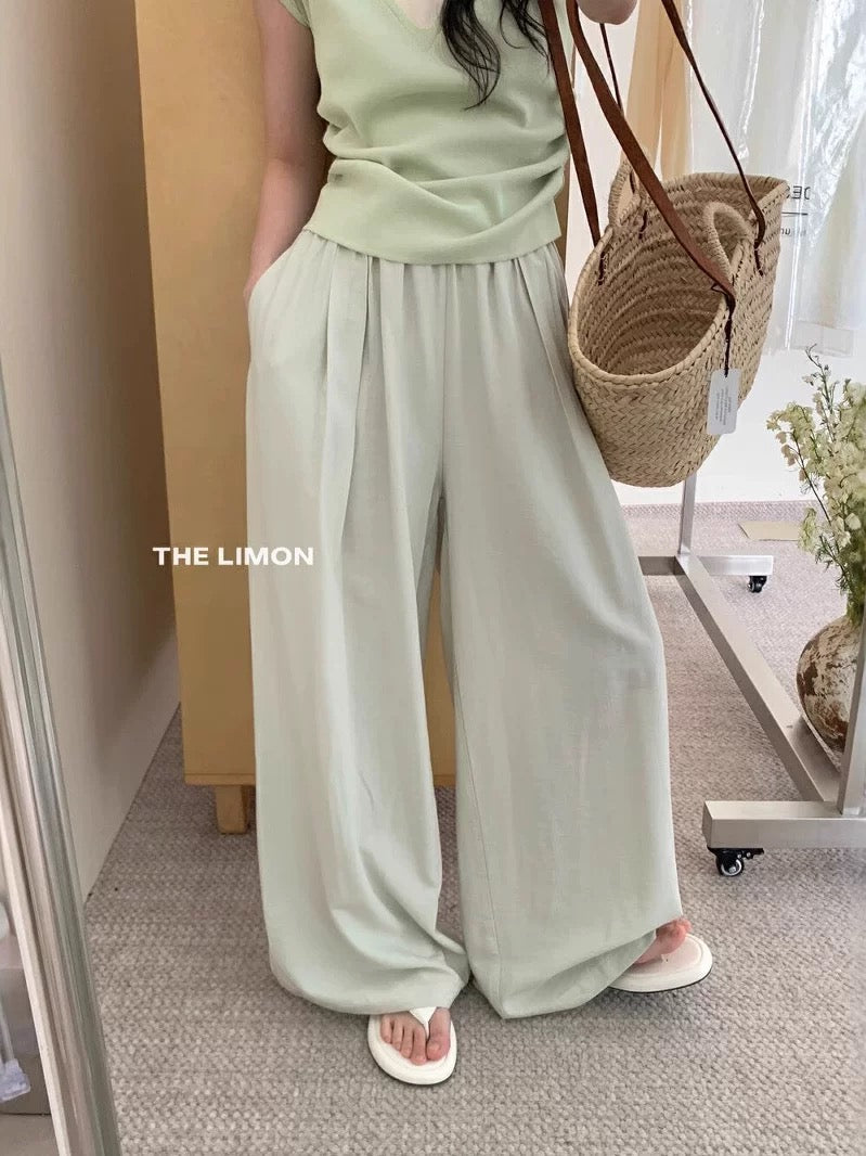thelimon lemon green tea 2025 summer drape elastic waist loose casual pants women's wide-leg mopping