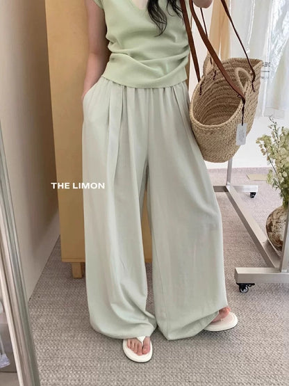thelimon lemon green tea 2025 summer drape elastic waist loose casual pants women's wide-leg mopping
