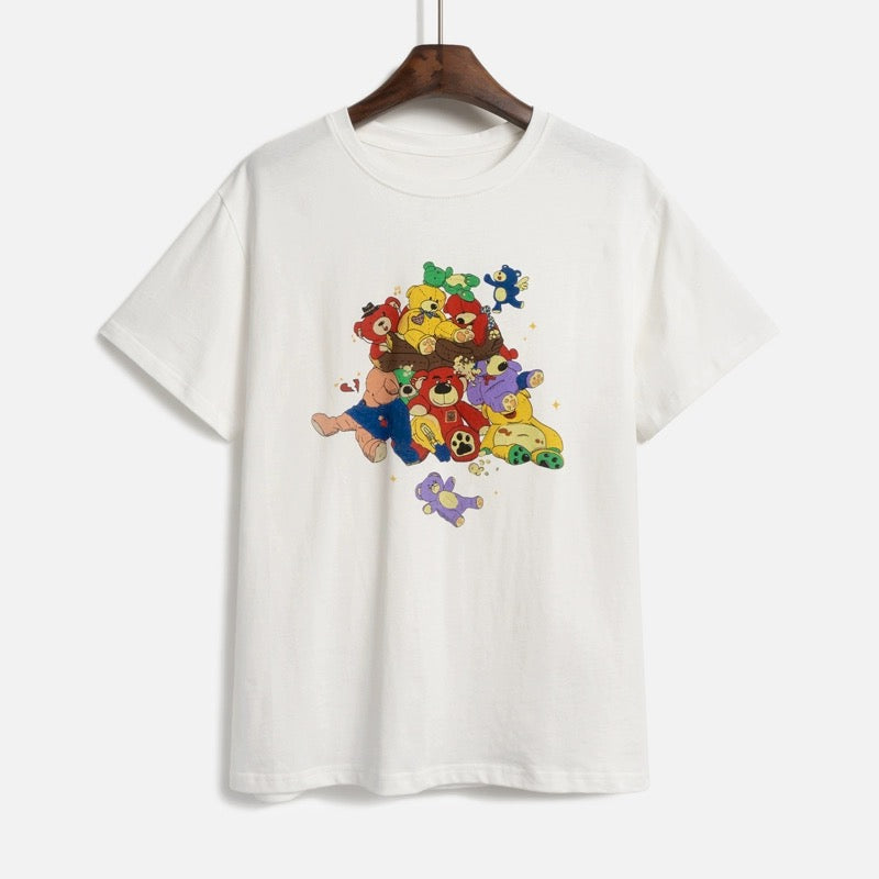Hello Canon Original Bear Print Short Sleeve T-Shirt Women's Summer 2024 New Loose Round Neck Casual T-shirt Top