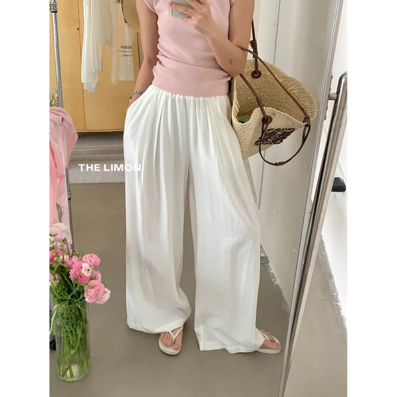 thelimon lemon green tea 2025 summer drape elastic waist loose casual pants women's wide-leg mopping