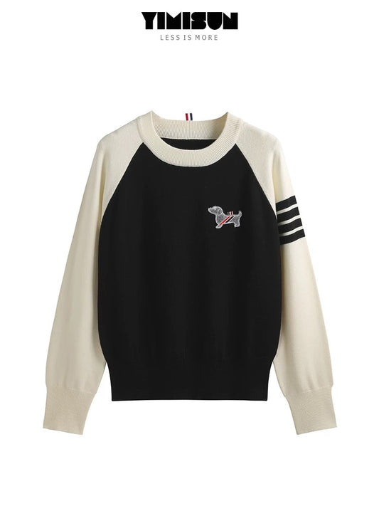 YIMISUN contrasting color design round neck tbb four stripes puppy embroidery age-reducing pullover bottoming shirt tops for women trendy