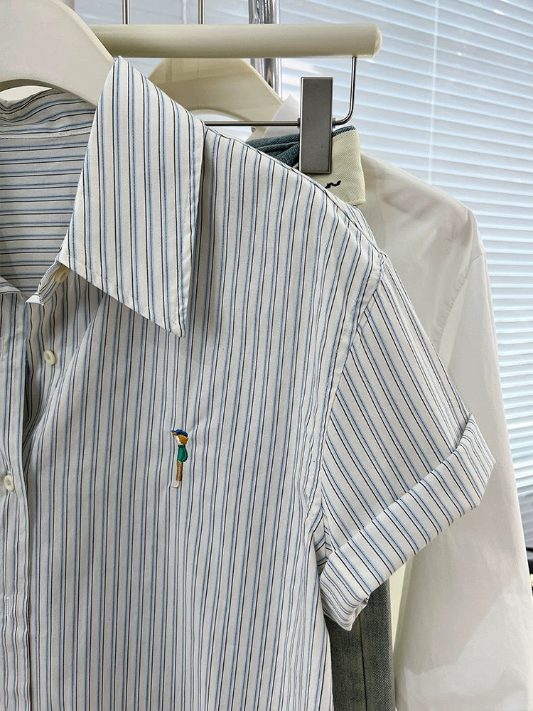 Striped embroidered right shoulder short-sleeved shirt for women summer 2024 new design niche shirt casual loose top