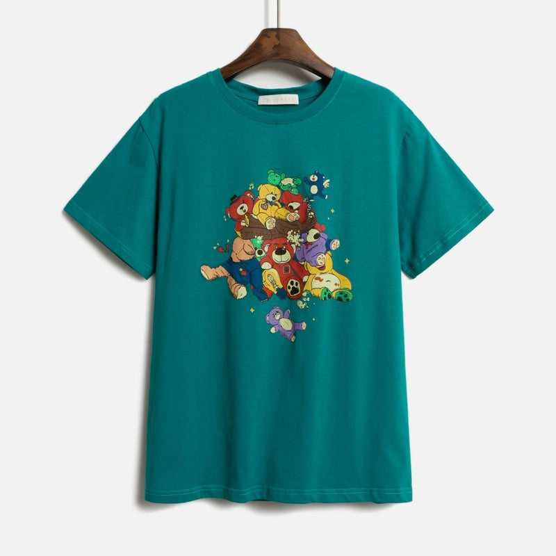 Hello Canon Original Bear Print Short Sleeve T-Shirt Women's Summer 2024 New Loose Round Neck Casual T-shirt Top
