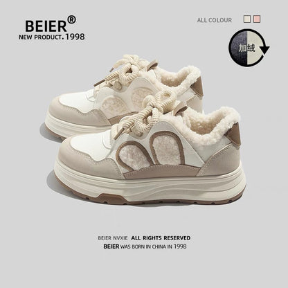 BEIER thick-soled niche furry plus velvet bread shoes 2024 new winter fashion versatile casual white shoes for women