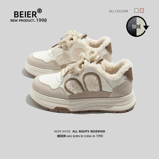 BEIER thick-soled niche furry plus velvet bread shoes 2024 new winter fashion versatile casual white shoes for women