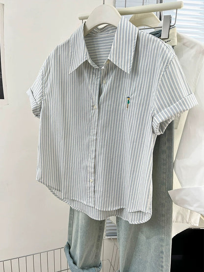 Striped embroidered right shoulder short-sleeved shirt for women summer 2024 new design niche shirt casual loose top
