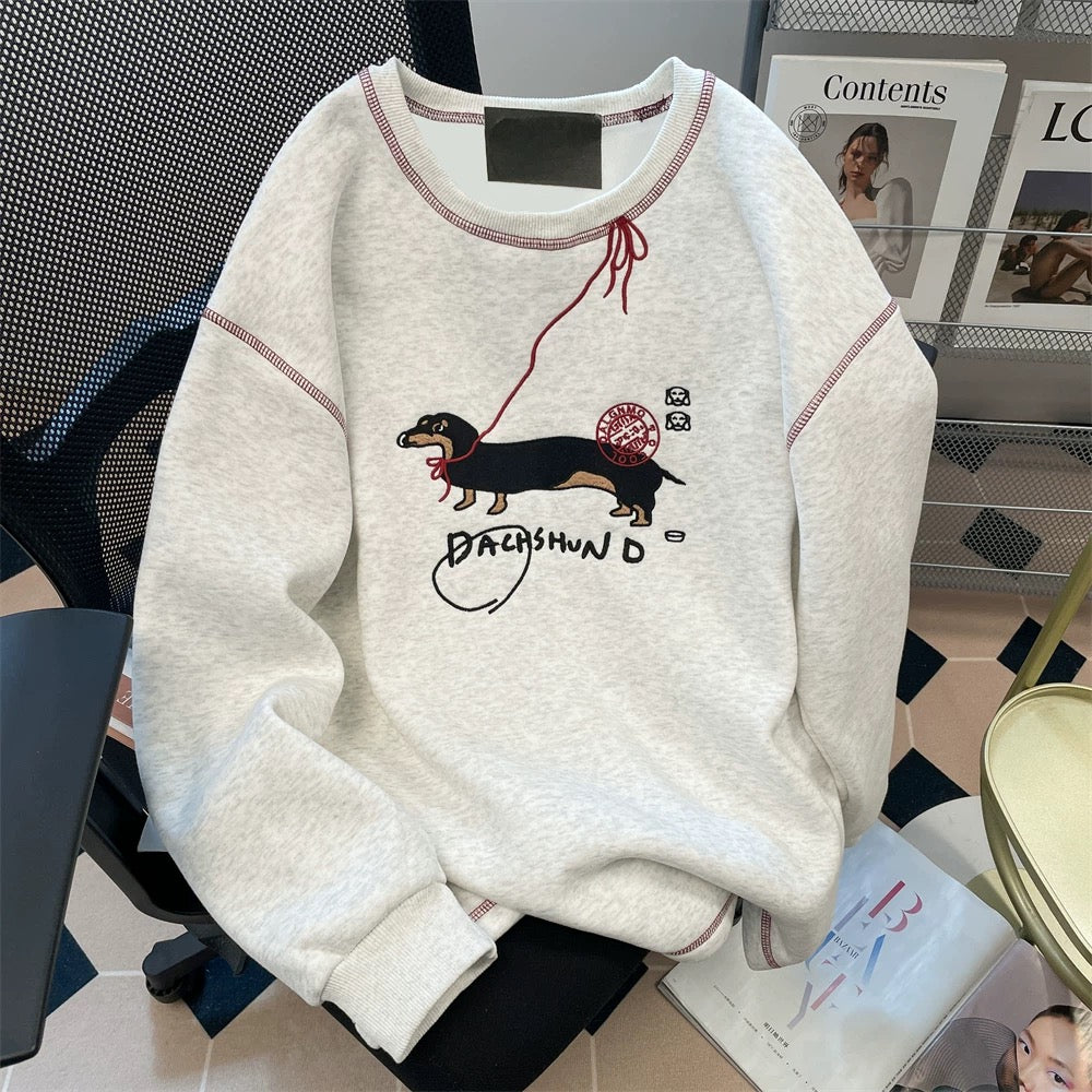 Gray topstitched embroidered dachshund sweatshirt for women in fall and winter, high-end, lazy style, plus velvet and thickened inner top