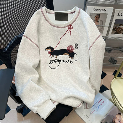 Gray topstitched embroidered dachshund sweatshirt for women in fall and winter, high-end, lazy style, plus velvet and thickened inner top