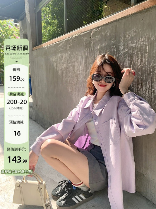 Zeng Xiaoxian taro mud wave purple new denim long-sleeved shirt women's early spring Korean design outer top