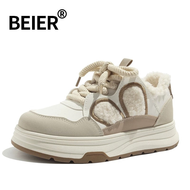 BEIER thick-soled niche furry plus velvet bread shoes 2024 new winter fashion versatile casual white shoes for women