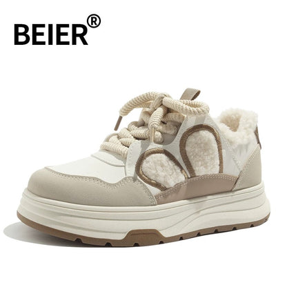 BEIER thick-soled niche furry plus velvet bread shoes 2024 new winter fashion versatile casual white shoes for women
