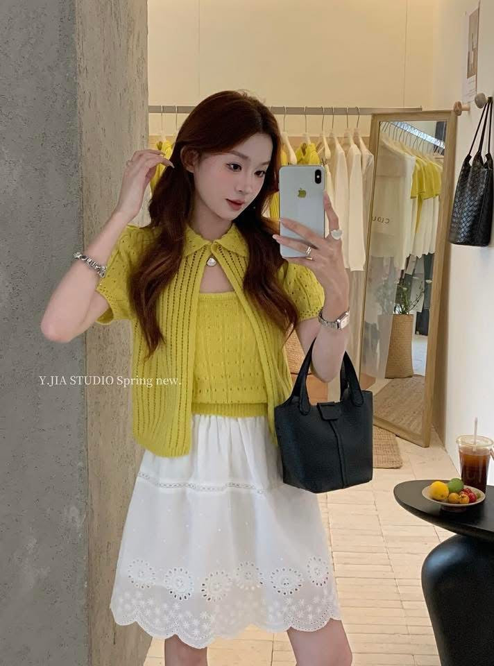 Sweet and soft pure color lapel knitted cardigan + versatile vest + hollow embroidered skirt suit for women in summer