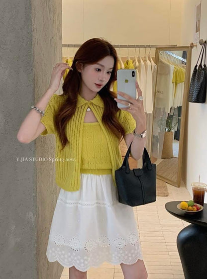 Sweet and soft pure color lapel knitted cardigan + versatile vest + hollow embroidered skirt suit for women in summer
