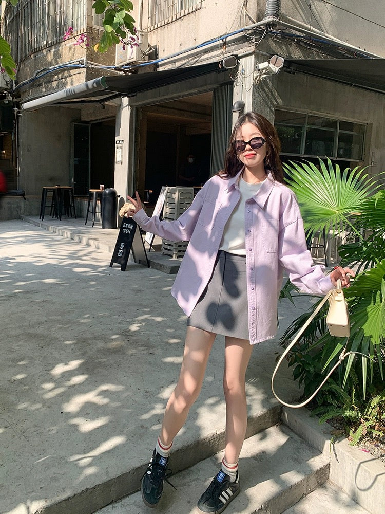 Zeng Xiaoxian taro mud wave purple new denim long-sleeved shirt women's early spring Korean design outer top