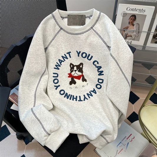 American embroidery puppy topstitched raglan sweatshirt for women autumn and winter floral gray velvet thickened hooded long-sleeved top