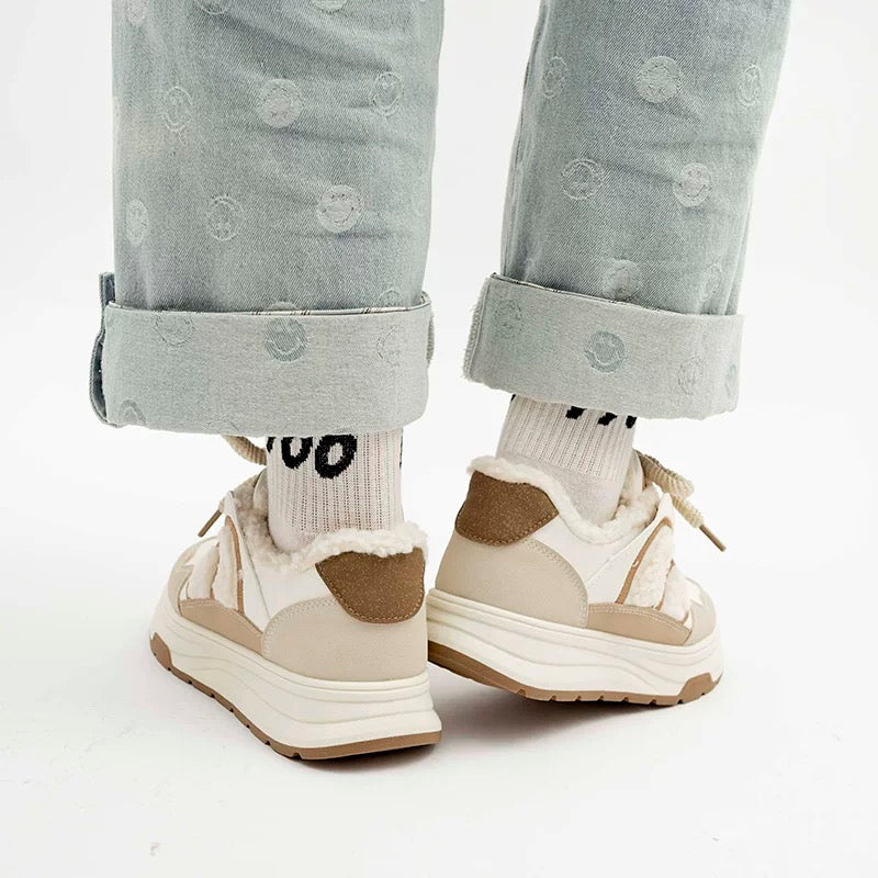 BEIER thick-soled niche furry plus velvet bread shoes 2024 new winter fashion versatile casual white shoes for women