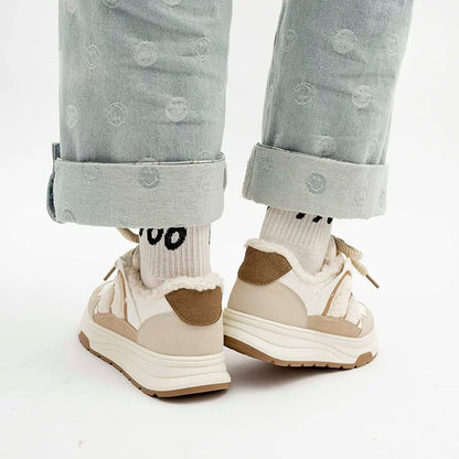 BEIER thick-soled niche furry plus velvet bread shoes 2024 new winter fashion versatile casual white shoes for women
