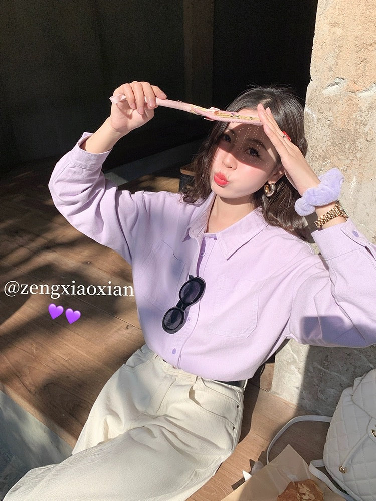 Zeng Xiaoxian taro mud wave purple new denim long-sleeved shirt women's early spring Korean design outer top