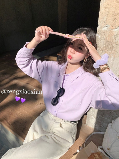Zeng Xiaoxian taro mud wave purple new denim long-sleeved shirt women's early spring Korean design outer top