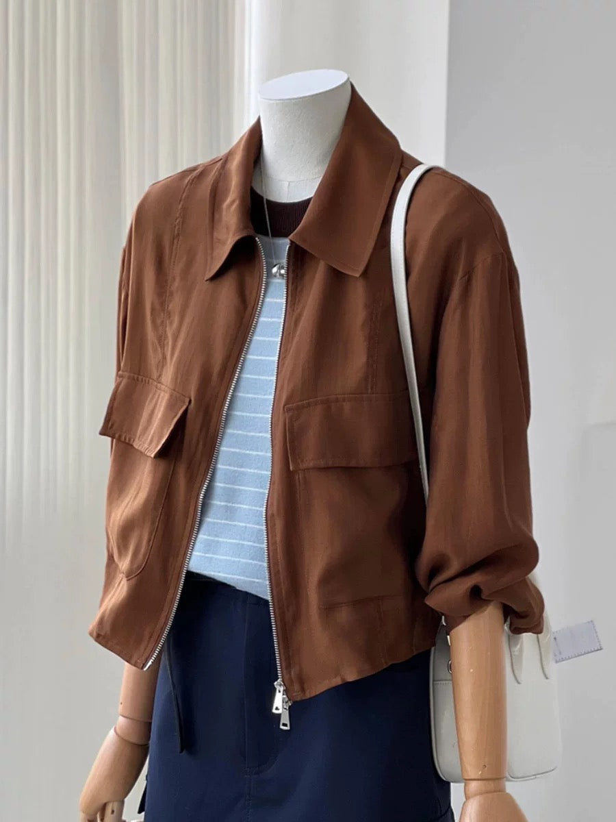 CHAO-level recommendation! Spring and summer outfit ~ Korean brown lightweight work jacket for women with small size sun protection jacket