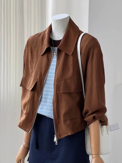 CHAO-level recommendation! Spring and summer outfit ~ Korean brown lightweight work jacket for women with small size sun protection jacket