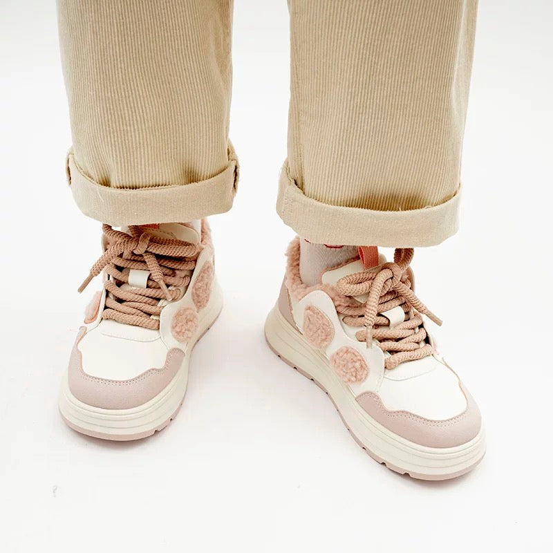 BEIER thick-soled niche furry plus velvet bread shoes 2024 new winter fashion versatile casual white shoes for women