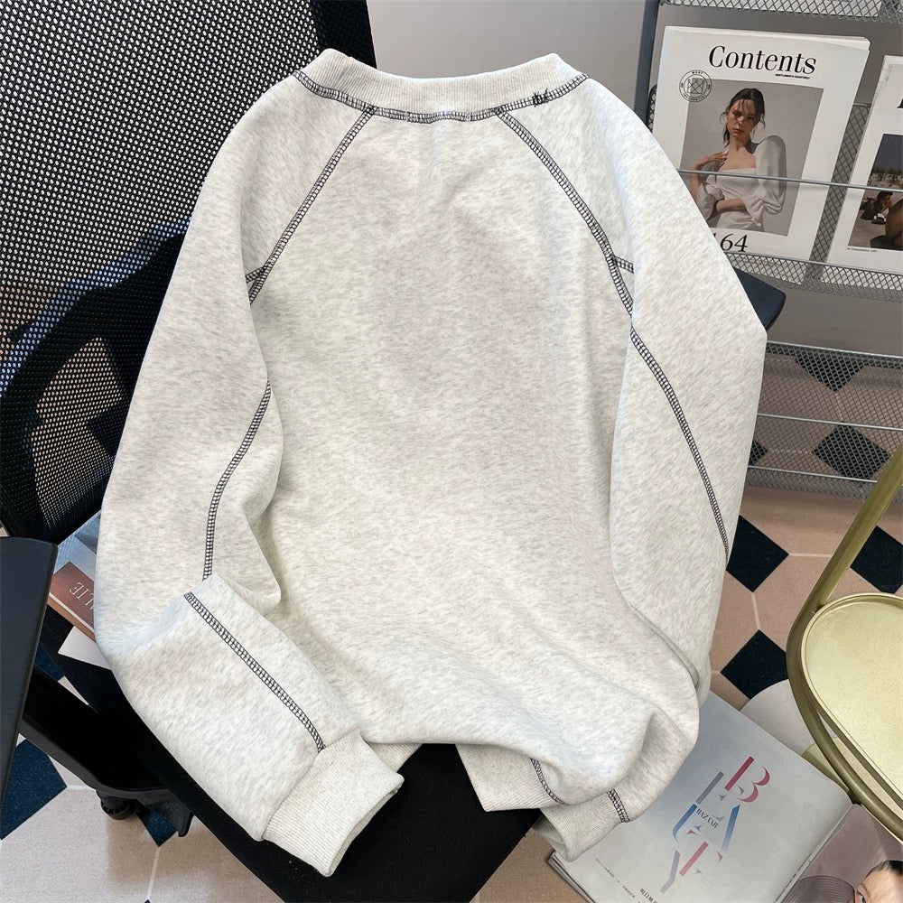 American embroidery puppy topstitched raglan sweatshirt for women autumn and winter floral gray velvet thickened hooded long-sleeved top