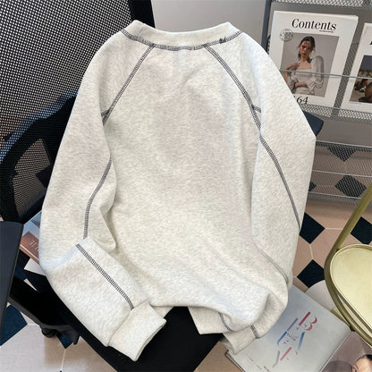 American embroidery puppy topstitched raglan sweatshirt for women autumn and winter floral gray velvet thickened hooded long-sleeved top