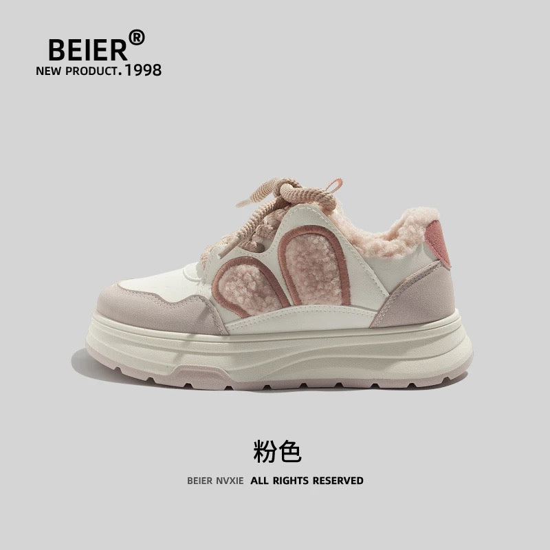 BEIER thick-soled niche furry plus velvet bread shoes 2024 new winter fashion versatile casual white shoes for women