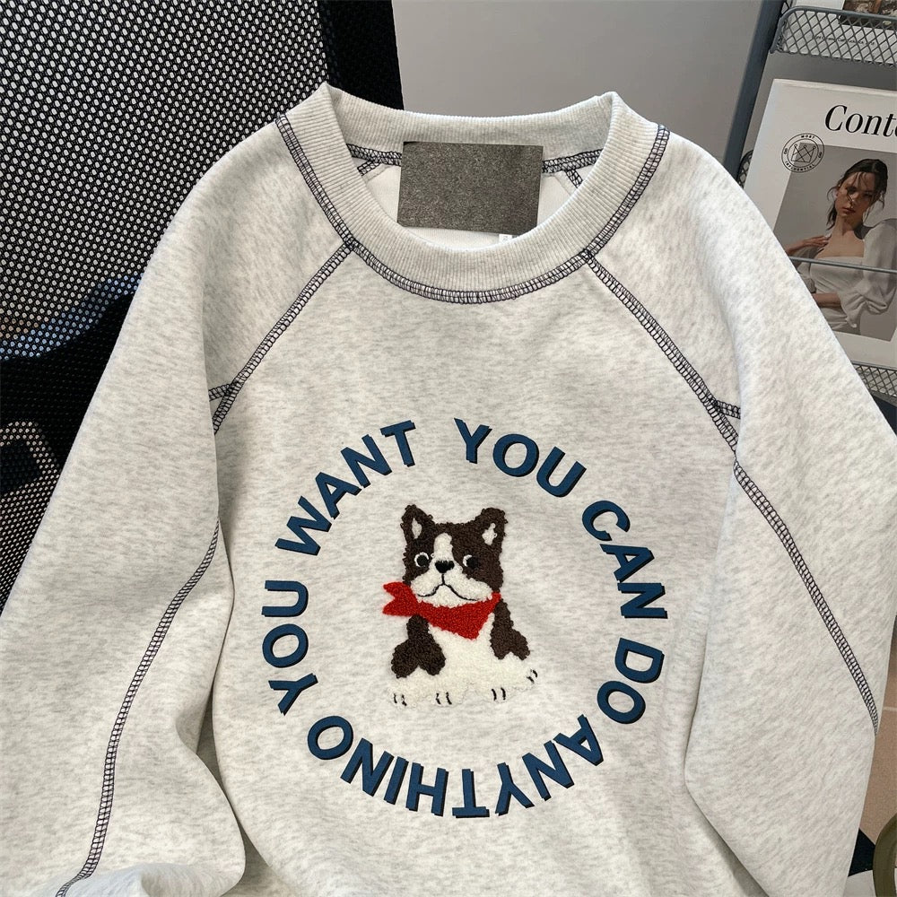 American embroidery puppy topstitched raglan sweatshirt for women autumn and winter floral gray velvet thickened hooded long-sleeved top