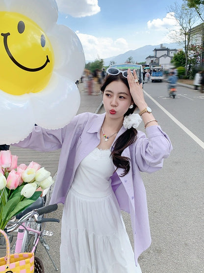 Zeng Xiaoxian taro mud wave purple new denim long-sleeved shirt women's early spring Korean design outer top