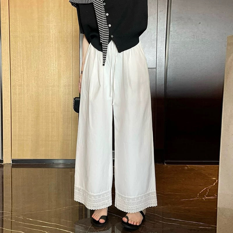 Pregnant women white straight wide-leg pants women spring and summer 2025 new lace splicing no belly support pregnant women casual pants