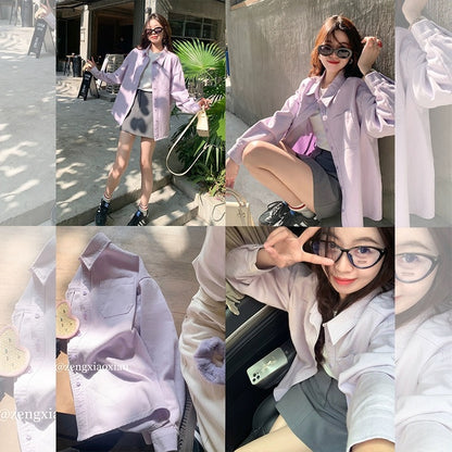 Zeng Xiaoxian taro mud wave purple new denim long-sleeved shirt women's early spring Korean design outer top