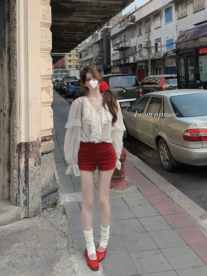 Bai Shui Women [Two Stores~] Burgundy Casual Pants Women's 2024 New Pocket Hip Slim Slim Shorts
