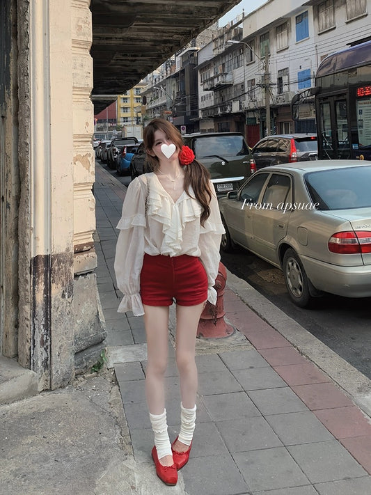 Bai Shui Women [Two Stores~] Burgundy Casual Pants Women's 2024 New Pocket Hip Slim Slim Shorts
