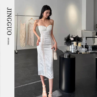 【JINGGUO Luxury】Niche Design French Slim Fit Elegant Midi Dress with Spaghetti Straps 7606