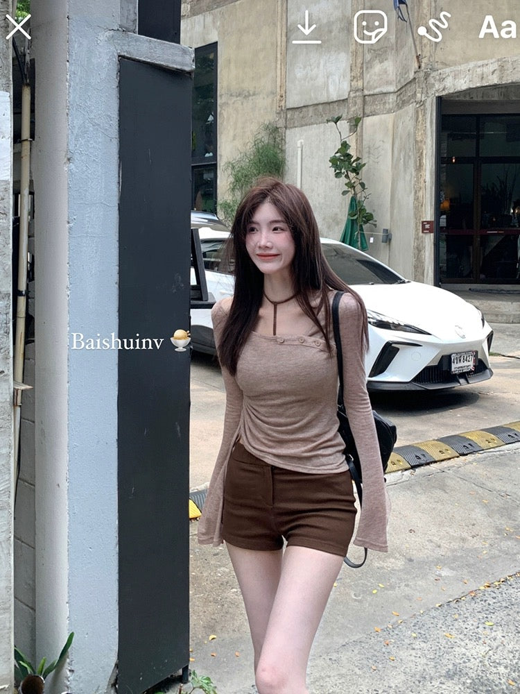 Bai Shui Women [Two Stores~] Burgundy Casual Pants Women's 2024 New Pocket Hip Slim Slim Shorts