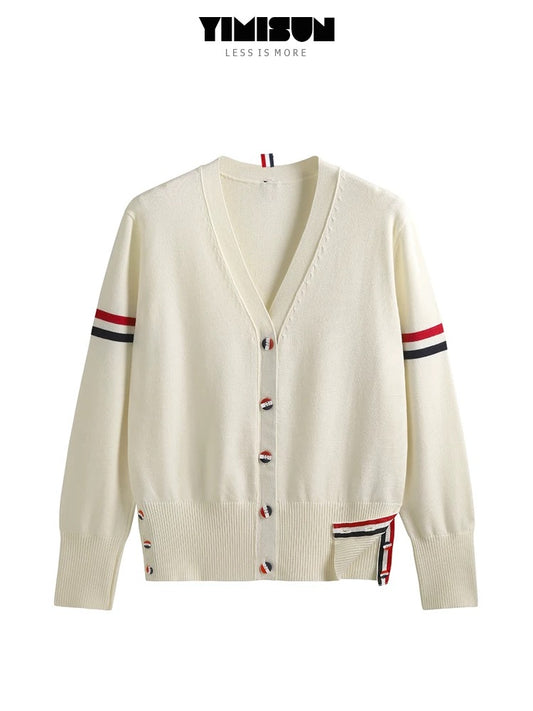 YIMISUN Korean style college style double-sleeved colorful striped V-neck contrasting color versatile button knitted cardigan women's long-sleeved jacket trendy