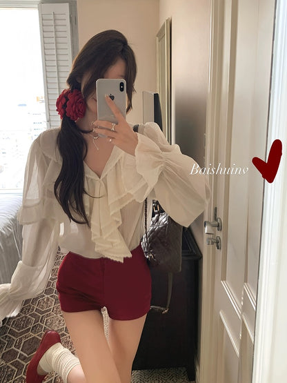 Bai Shui Women [Two Stores~] Burgundy Casual Pants Women's 2024 New Pocket Hip Slim Slim Shorts