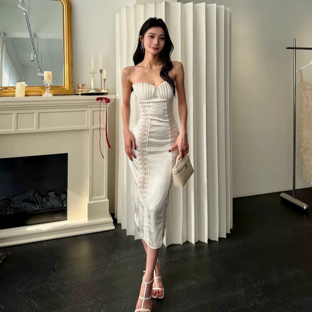 【JINGGUO Luxury】Niche Design French Slim Fit Elegant Midi Dress with Spaghetti Straps 7606