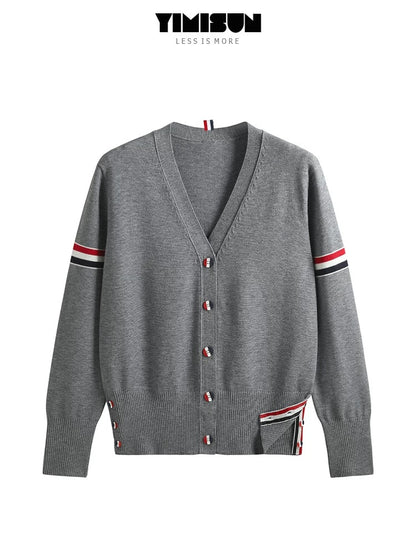 YIMISUN Korean style college style double-sleeved colorful striped V-neck contrasting color versatile button knitted cardigan women's long-sleeved jacket trendy
