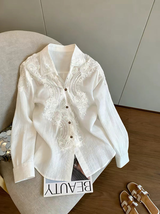 Korean-style long-sleeved shirt featuring intricate lace paneling and a collared neckline—a stylish, relaxed-fit choice for summer workwear or casual outings.
