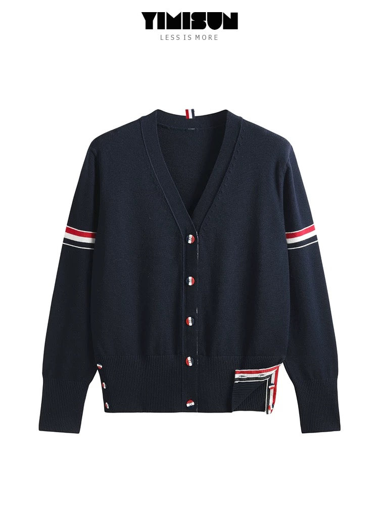 YIMISUN Korean style college style double-sleeved colorful striped V-neck contrasting color versatile button knitted cardigan women's long-sleeved jacket trendy