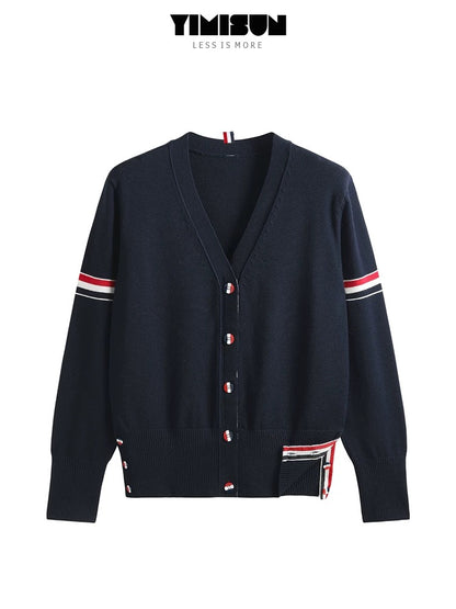 YIMISUN Korean style college style double-sleeved colorful striped V-neck contrasting color versatile button knitted cardigan women's long-sleeved jacket trendy